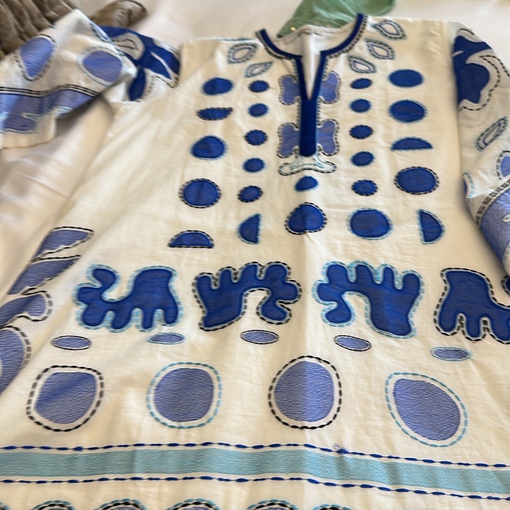 Women’s White & Blue Embroidered Swim Coverup Tunic